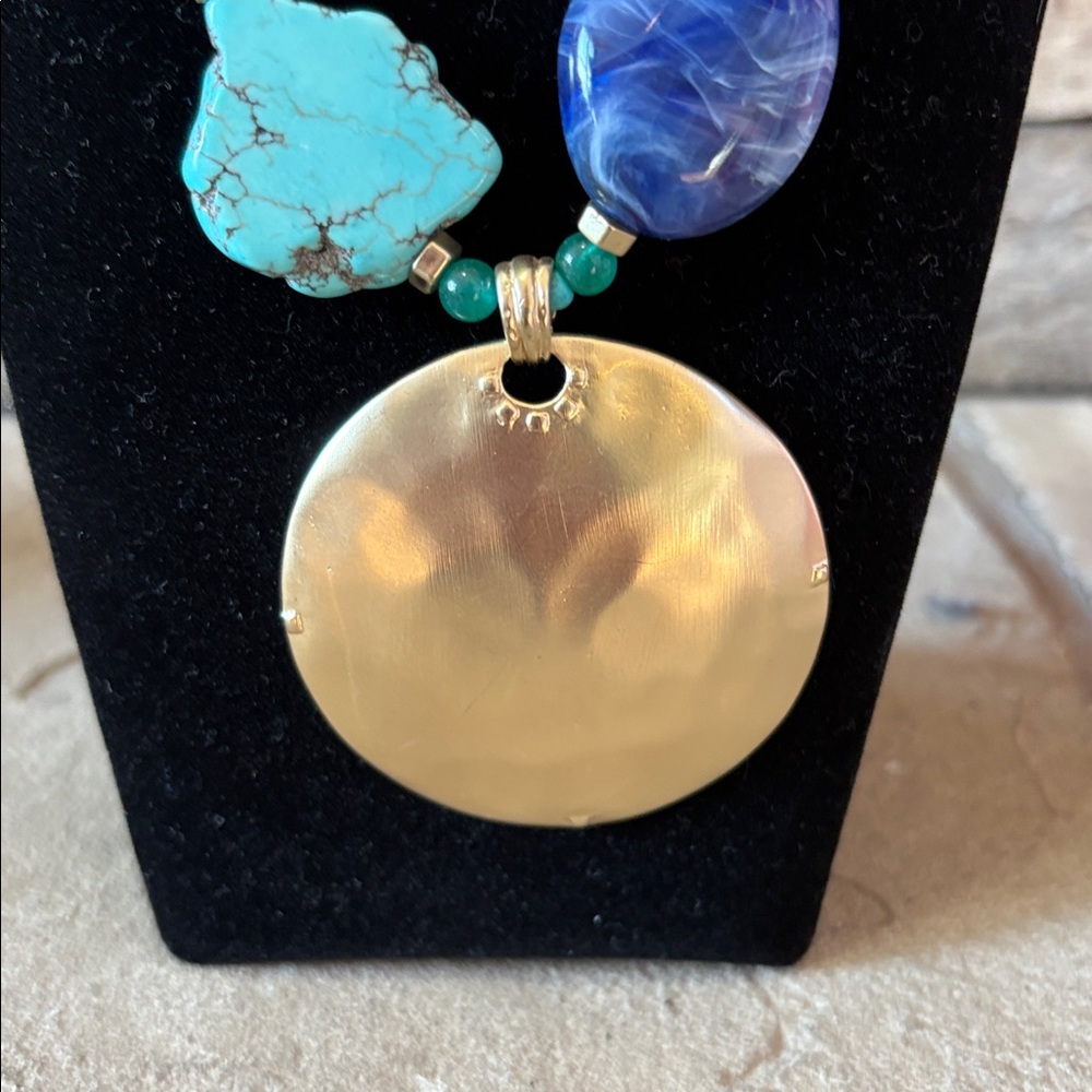 Chico’s multi colored statement necklace with large gold circle pendant - Picture 2 of 6